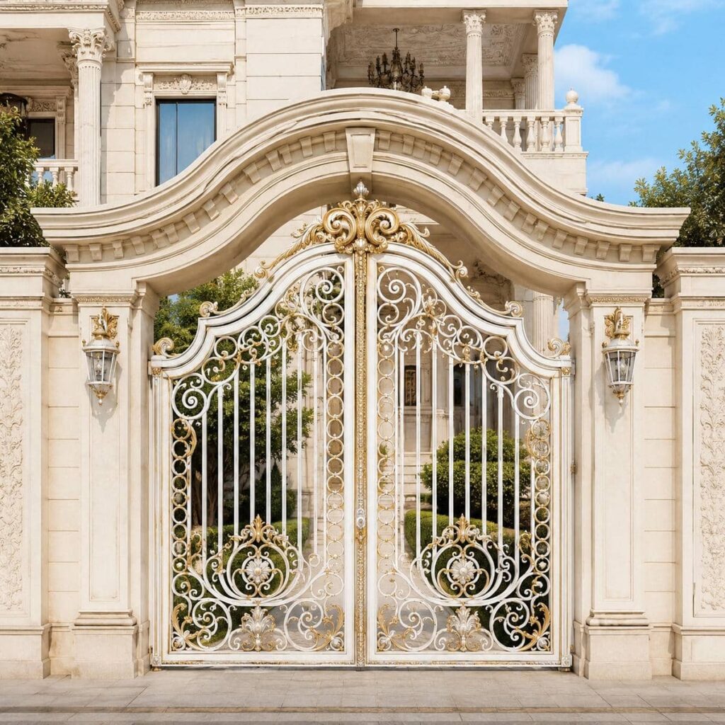 ساخت درب ویلایی سفید طلایی مدل قوس‌دار